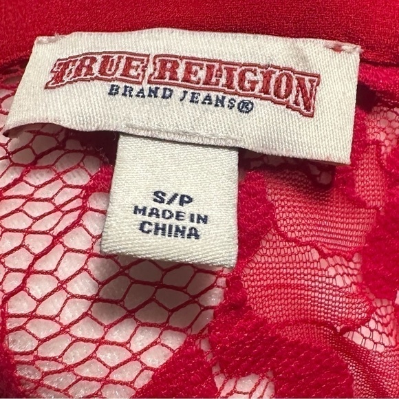 True Religion Lace Panels Lace Up Long Sleeve Red Blouse - Picture 5 of 5